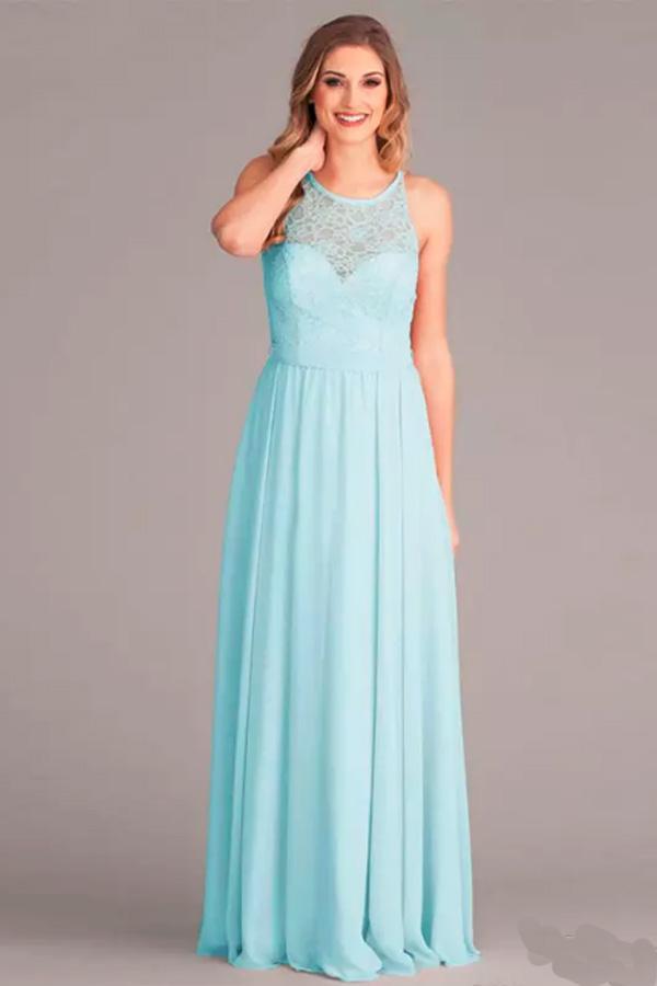 A-Line V-Neck Floor-Length Mint Chiffon Bridesmaid Dress with Lace BD052 - Pgmdress