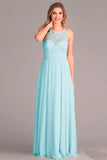 A-Line V-Neck Floor-Length Mint Chiffon Bridesmaid Dress with Lace BD052