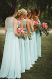 A-Line V-Neck Floor-Length Mint Chiffon Bridesmaid Dress with Lace BD052 - Pgmdress