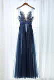 A-Line V-Neck Floor-Length Navy Blue Tulle Prom Dress with Appliques PSK102 - Pgmdress