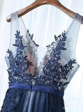 A-Line V-Neck Floor-Length Navy Blue Tulle Prom Dress with Appliques PSK102 - Pgmdress