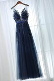 A-ligne Col en V Longueur Sol Bleu Marine Tulle Robe de Bal avec Appliques PSK102