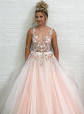 A-Line V-Neck Floor-Length Pink Prom Dress with Appliques Beading PSK053 - Pgmdress