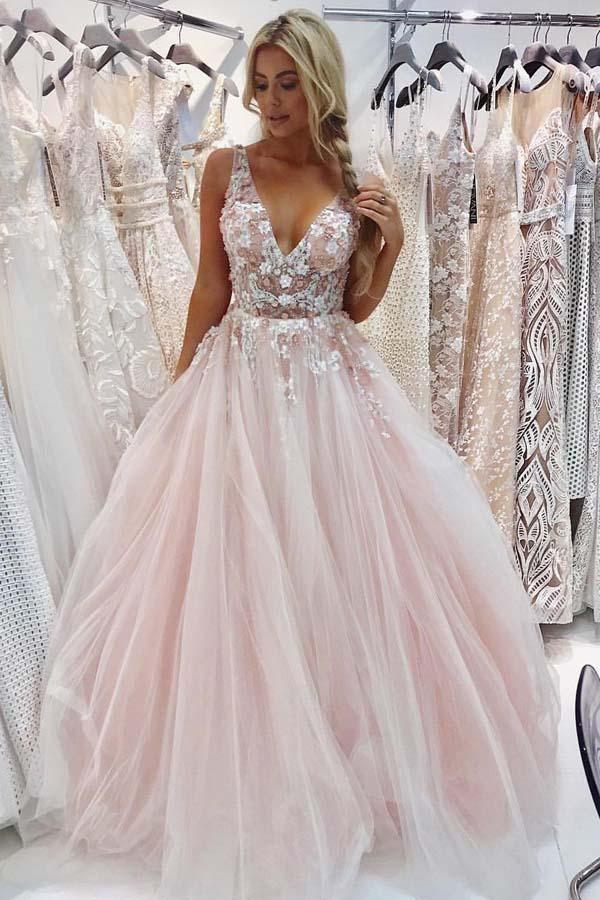 A-Line V-Neck Floor-Length Pink Prom Dress with Appliques Beading PSK053 - Pgmdress