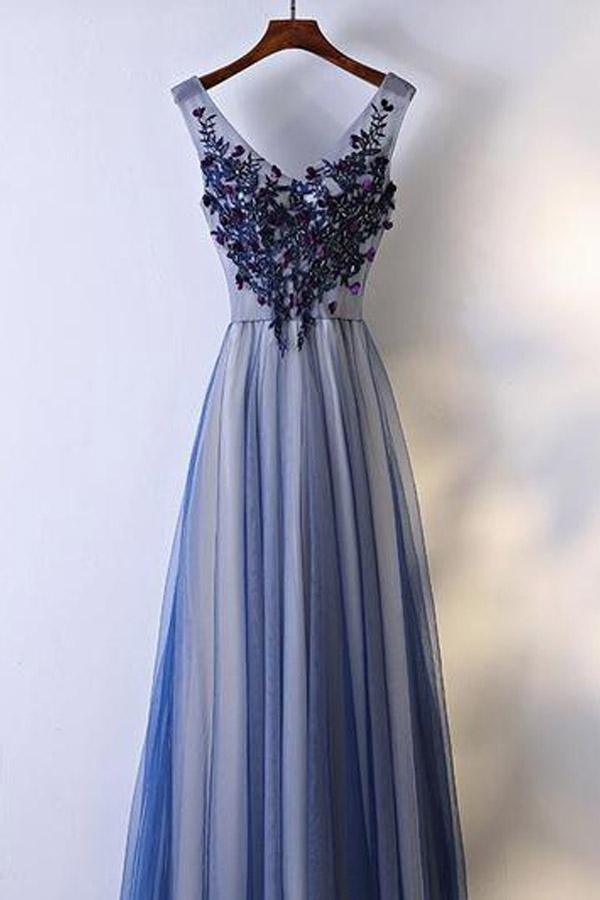 A-line V-neck Floor-Length Tulle Appliqued Beaded Prom Dresses PG516 - Pgmdress