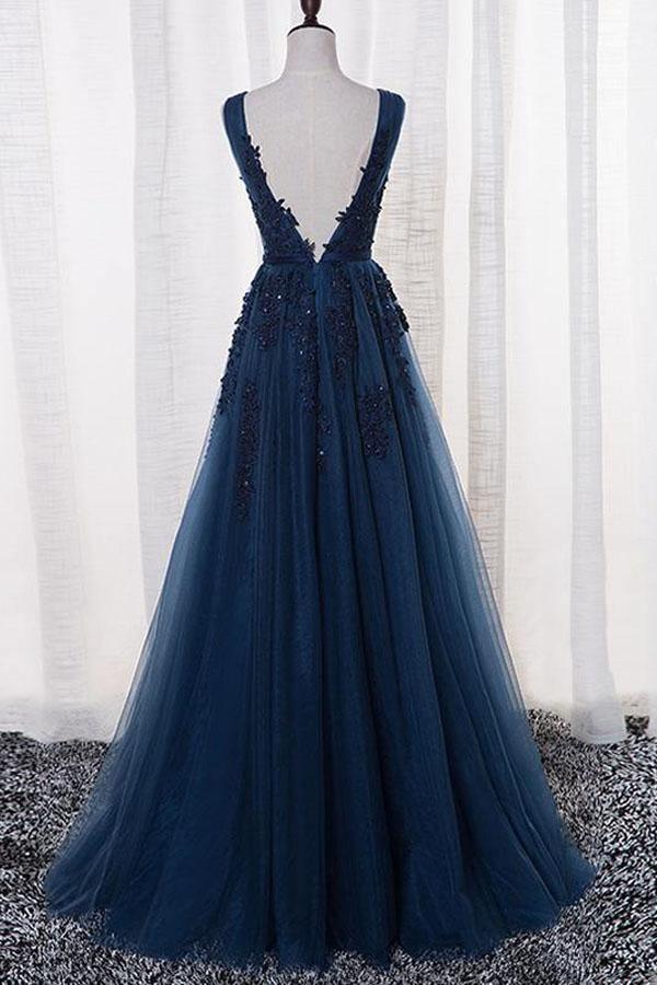 A-Line V-neck Floor length Tulle Prom/Evening Dress With Appliques PSK069 - Pgmdress