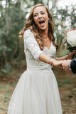A-ligne col en V demi-manches dos nu robe de mariée en tulle avec appliques WD370