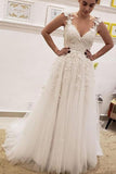 A Line V Neck Ivory Lace Fairy Long Wedding Dresses with Appliques WD382 - Pgmdress