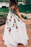 A Line V Neck Ivory Lace Prom Dresses with Embroidery Printed Evening Dresse PG901 - Pgmdress