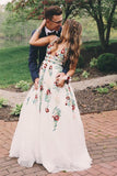 A Line V Neck Ivory Lace Prom Dresses with Embroidery Printed Evening Dresse PG901