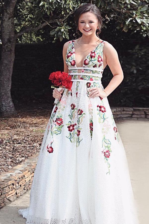 A Line V Neck Ivory Lace Prom Dresses with Embroidery Printed Evening Dresse PG901 - Pgmdress
