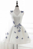 A-Line V-Neck Ivory Organza Homecoming Dress with Appliques PD138