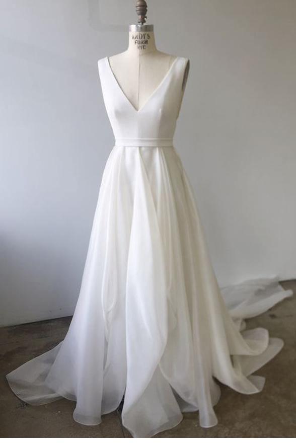 A-line V Neck Ivory Prom Dresses Wedding Dresses With Court Train PM233 - Pgmdress
