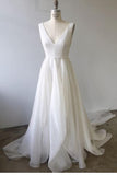 A-line V Neck Ivory Prom Dresses Wedding Dresses With Court Train  PM233