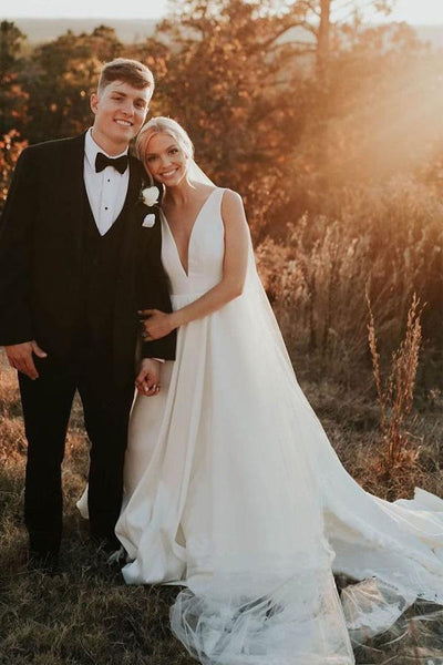 A-Line V Neck Ivory Satin Simple Elegant Wedding Dress WD488 Custom Size / White A-Line V Neck Ivory Satin Simple Elegant Wedding Dress WD488 Custom Size / White