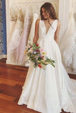 A-line V Neck Ivory Satin Simple Elegant Wedding Dresses WD488 - Pgmdress