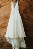 A-line V Neck Ivory Satin Simple Elegant Wedding Dresses WD488 - Pgmdress