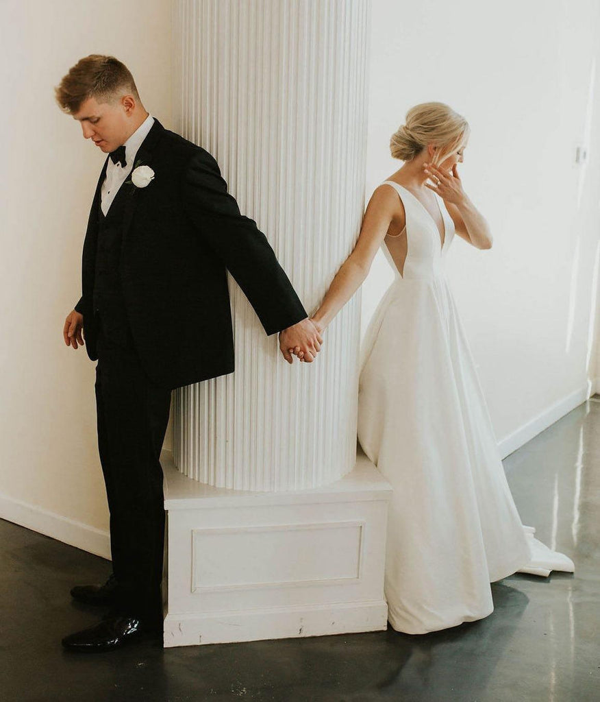 A-line V Neck Ivory Satin Simple Elegant Wedding Dresses WD488 - Pgmdress