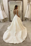 A-Line V-neck Ivory Satin Simple Wedding Dress Backless Bridal Gowns WD470 - Pgmdress