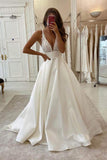 A-Line V-neck Ivory Satin Simple Wedding Dress Backless Bridal Gowns  WD470
