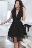 A-Line V-Neck Knee-Length Black Homecoming Dress with Beading PD037 - Pgmdress