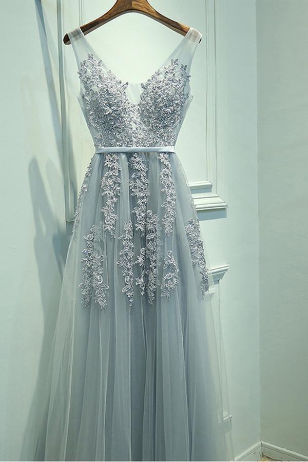 A-line V neck Lace Appliques Tulle Prom Dress Evening Dress PG368 - Pgmdress