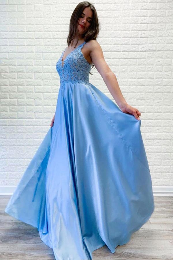 A-line V neck Lace Long Prom Dresses Blue Evening Party Dresses PSK066 - Pgmdress