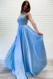 A-line V neck Lace Long Prom Dresses Blue Evening Party Dresses PSK066 - Pgmdress