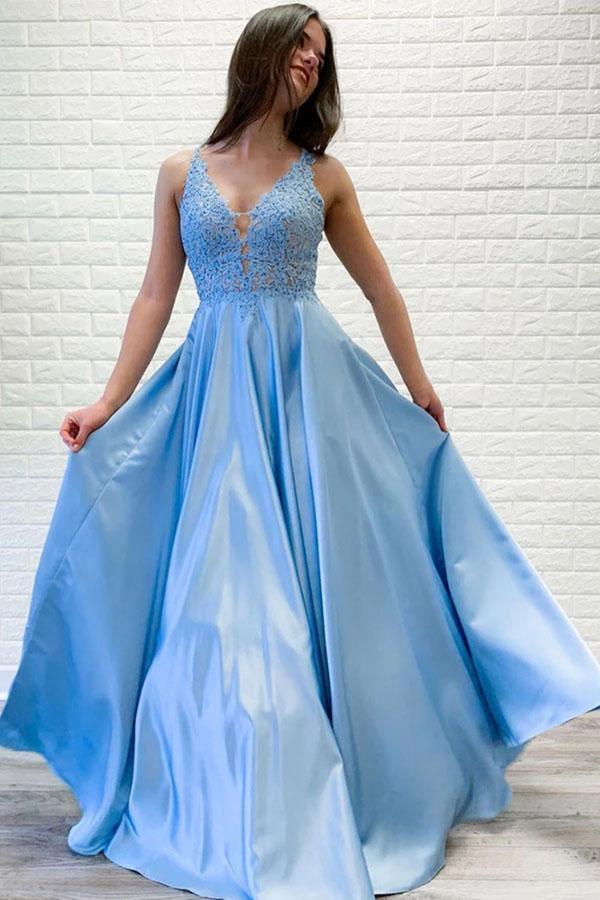 A-line V neck Lace Long Prom Dresses Blue Evening Party Dresses PSK066 - Pgmdress