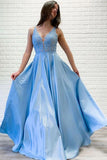 A-line V neck Lace Long Prom Dresses Blue Evening Party Dresses PSK066