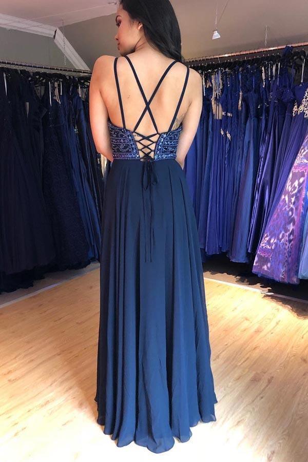 A-Line V-Neck Lace Up Navy Blue Long Prom Dress with Beading PG954 US6 / Custom Color A-Line V-Neck Lace Up Navy Blue Long Prom Dress with Beading PG954 US6 / Custom Color