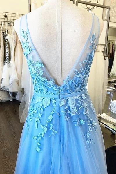 A Line V Neck Light Blue Lace Tulle Prom Dresses Evening Dresses PSK031 - Pgmdress