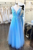 A Line V Neck Light Blue Lace Tulle Prom Dresses Evening Dresses PSK031