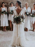 A-line V neck Long Sleeve Wedding Dress Rustic Boho Wedding Dress WD516 - Pgmdress