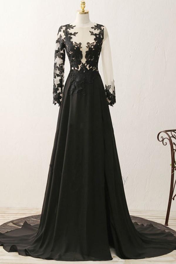 A-line Appliques Black Long Sleeves Prom Dress Evening Gown PG320-Pgmdress