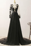 A-line V-neck Long Sleeves Appliques Black Evening Gowns Prom Dresses PG320 - Pgmdress