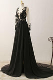 A-line V-neck Long Sleeves Appliques Black Evening Gowns Prom Dresses PG320 - Pgmdress