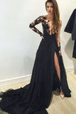 A-line V-neck Long Sleeves Appliques Black Evening Gowns Prom Dresses PG320