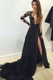 A-line V-neck Long Sleeves Appliques Black Evening Gowns Prom Dresses PG320 - Pgmdress