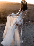 A-Line V-Neck Long Sleeves Beach Wedding Dress with Appliques WD407 - Pgmdress