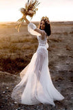 A-Line V-Neck Long Sleeves Beach Wedding Dress with Appliques WD407