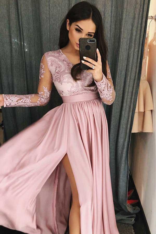 A-Line V-Neck Long Sleeves Blush Satin Prom Dress with Appliques Split PG699 - Pgmdress
