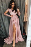 A-Line V-Neck Long Sleeves Blush Satin Prom Dress with Appliques Split  PG699