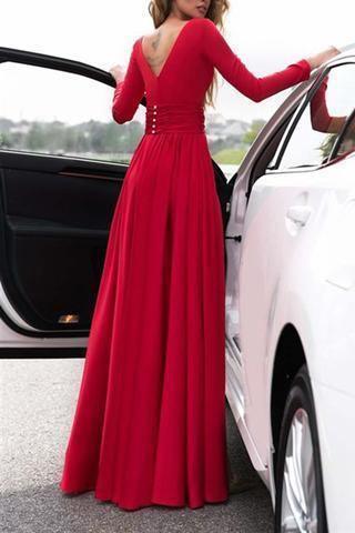 A-Line V-Neck Long Sleeves Dark Green Prom/Formal Dress With Split PSK082 - Pgmdress