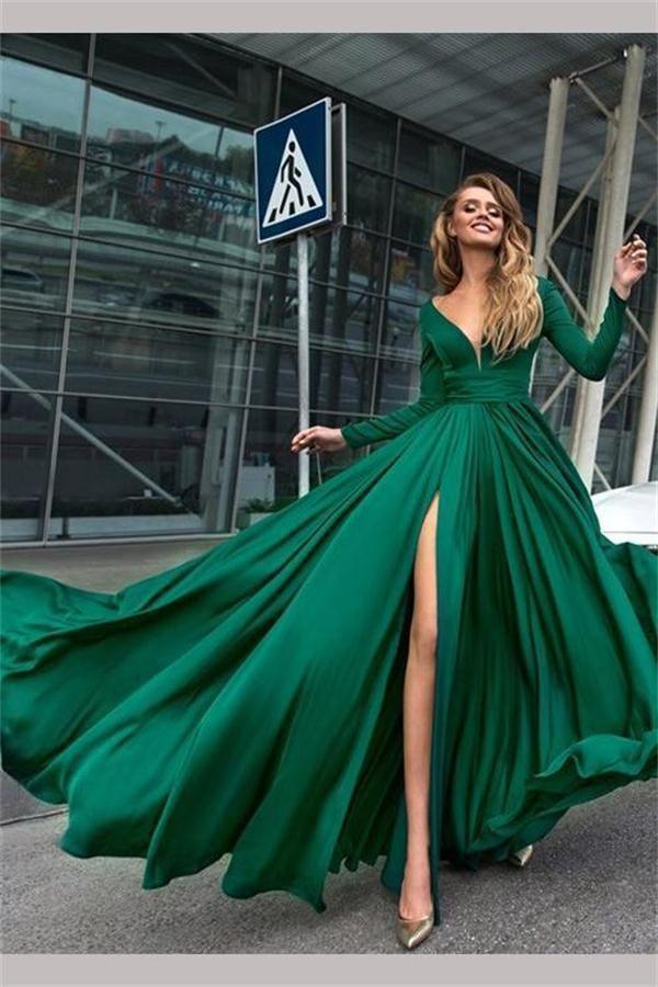 A-Line V-Neck Long Sleeves Dark Green Prom/Formal Dress With Split PSK082 - Pgmdress