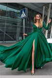 A-Line V-Neck Long Sleeves Dark Green Prom/Formal Dress With Split PSK082
