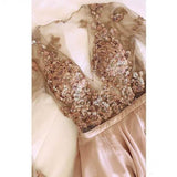 A Line V neck Long Sleeves Light Champagne Prom Dress With Appliques PSK149 - Pgmdress