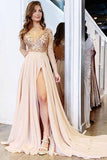 A Line V neck Long Sleeves Light Champagne Prom Dress With Appliques PSK149 - Pgmdress