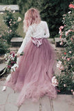 A-Line V-Neck Long Sleeves Pink Tulle Wedding Dress with Lace Appliques WD311 - Pgmdress