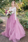 A-Line V-Neck Long Sleeves Pink Tulle Wedding Dress with Lace Appliques WD311